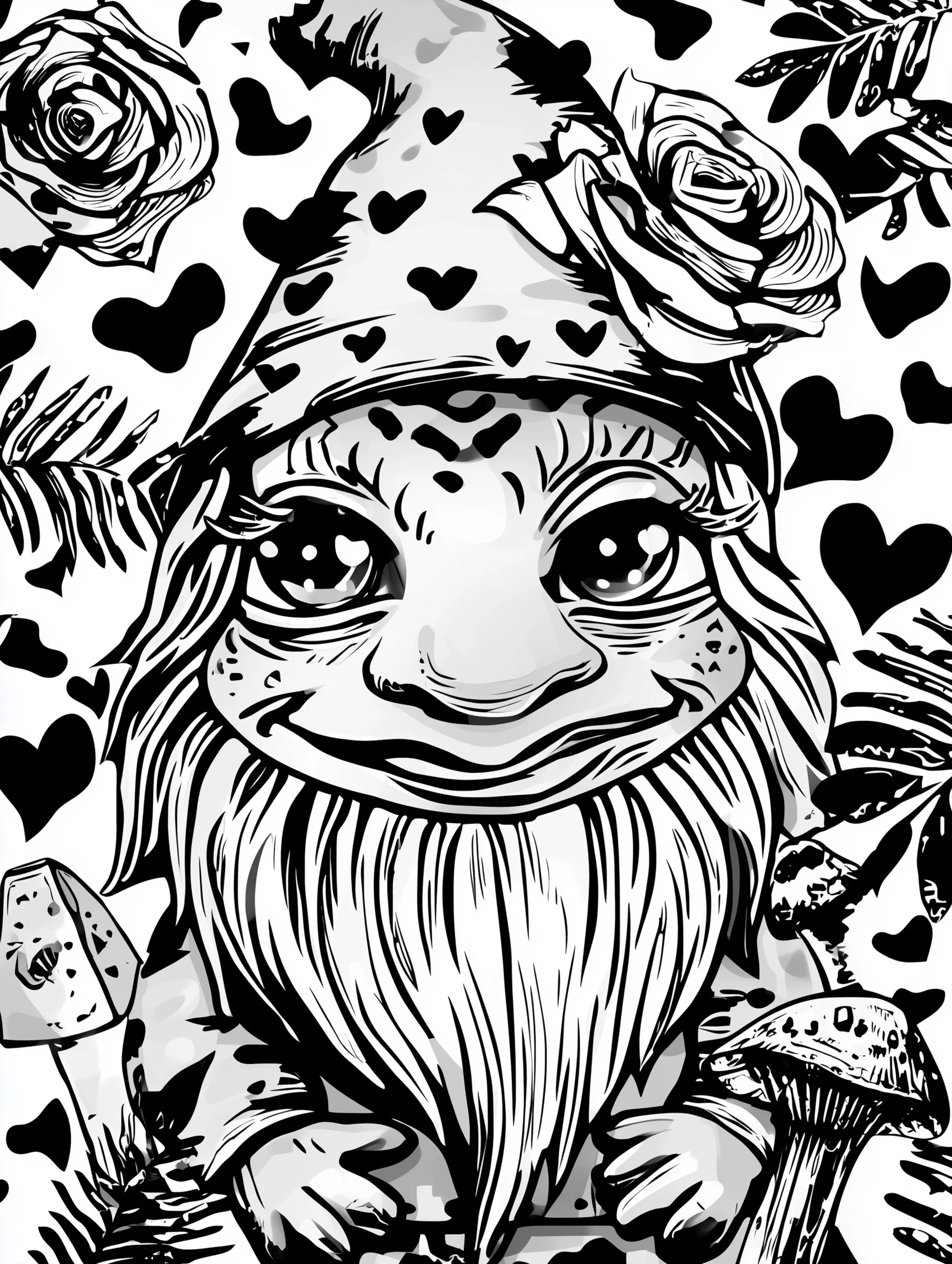 Free printable gnome coloring page for adults featuring a gnome with a wide mouth